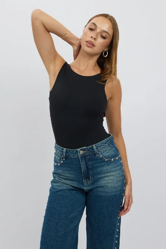 women's tops for those who value both quality and affordabilityBlack Bodysuit Sleeveless Open Back Supersoft