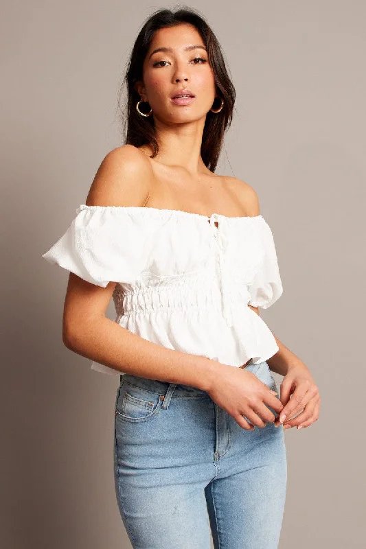 women's tops with asymmetrical designsWhite Peplum Top Short Sleeve Ruched