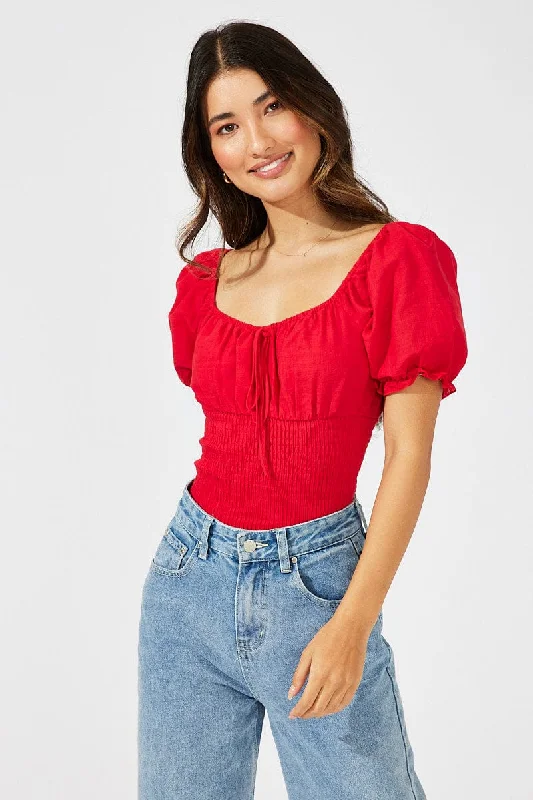 women's tops for cozy nights inRed Bodysuit Short Sleeve