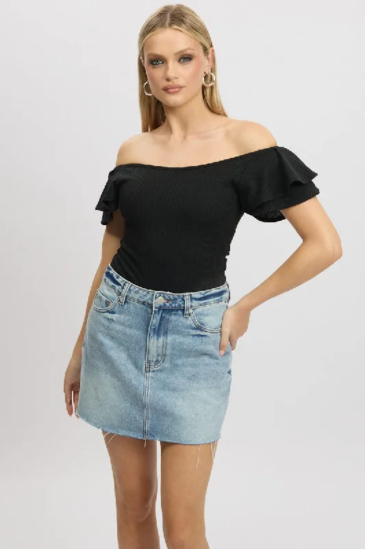 women's tops with unique designsBlack Bodysuit Ruffle Sleeve Textured