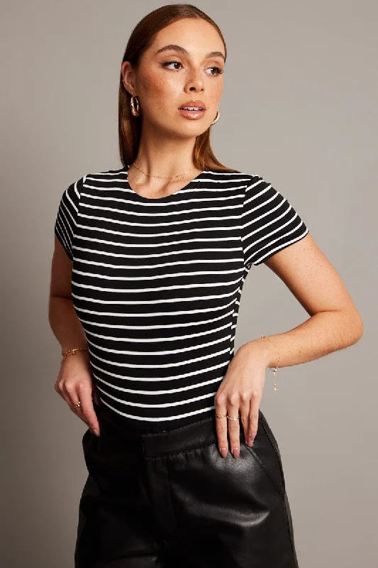 women's tops with beading accentsBlack Stripe Bodysuit Short Sleeve Crew Neck Supersoft