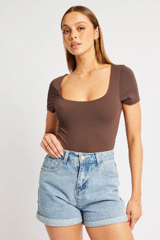 women's tops with cold-shoulder cutsBrown Bodysuit Short Sleeve Supersoft