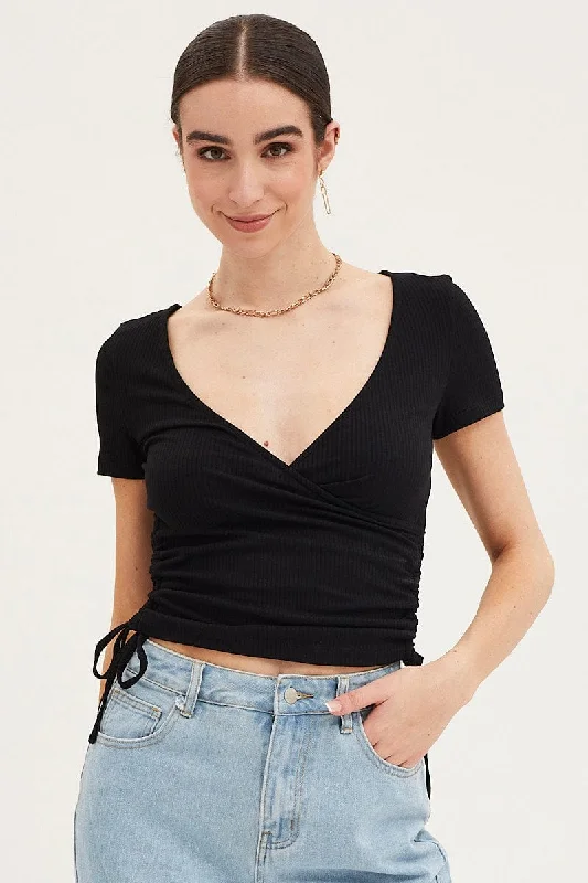 women's tops for those who want to show off their figure in a flattering wayBlack Top Drawstring Wrap Neck