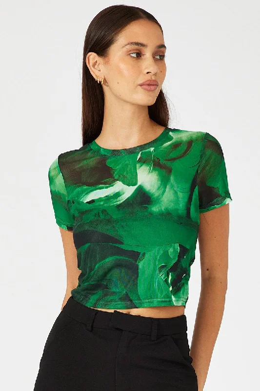 women's tops for glamorous eveningsGreen Abstract Top Short Sleeve