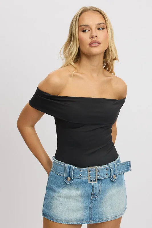 women's tops with ruffled hemsBlack Off Shoulder Bodysuit