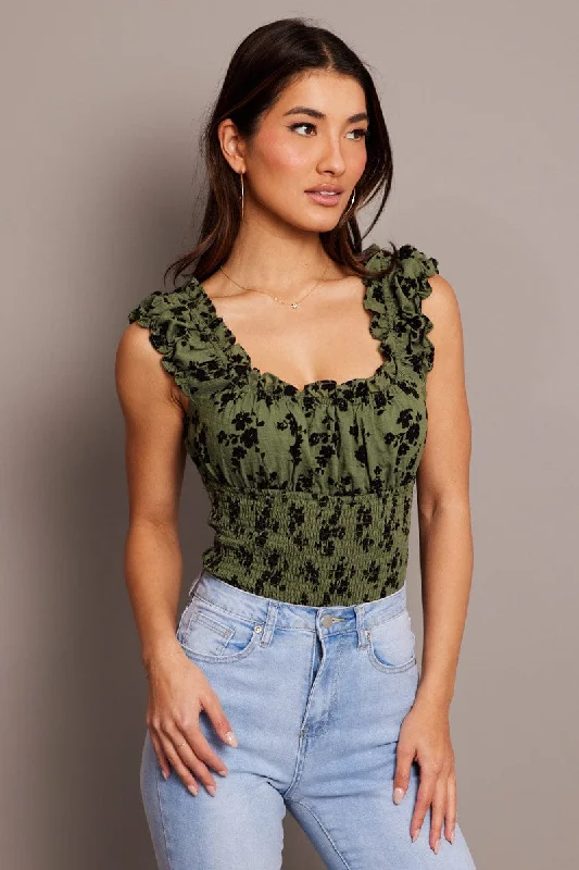 women's tops for those who want to show off their figure in a flattering wayGreen Ditsy Bodysuit Short Sleeve Shirred