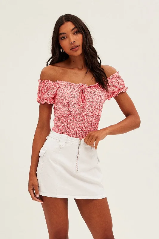 women's tops for picnics in the parkRed Ditsy Ditsy Print Puff Sleeve Tie Front Shirred Bodysuit