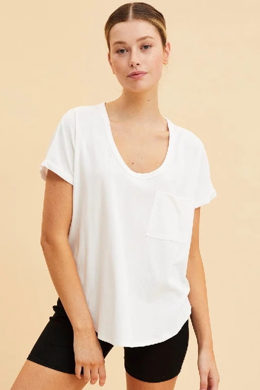 women's tops for those who believe in expressing their individuality through fashionWhite Pocket Tee Scoop Neck Cotton Stretch Short Sleeve