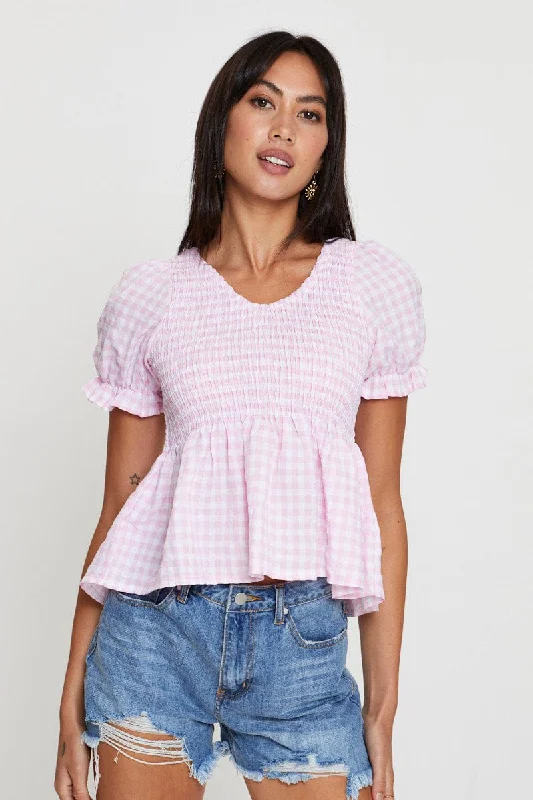 women's tops for those who want to wear pieces that are both functional and fashionableCheck Puff Sleeve Top Short Sleeve