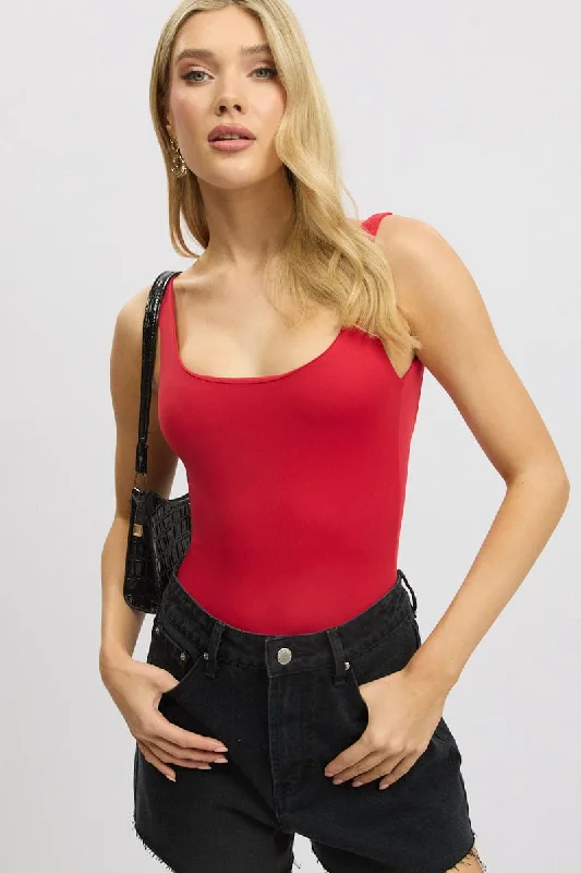 women's stylish topsRed Bodysuit Sleeveless Scoop Neck