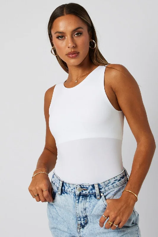 women's tops for those who believe in expressing their individuality through fashionWhite Bodysuit Sleeveless Crew Neck Seamless