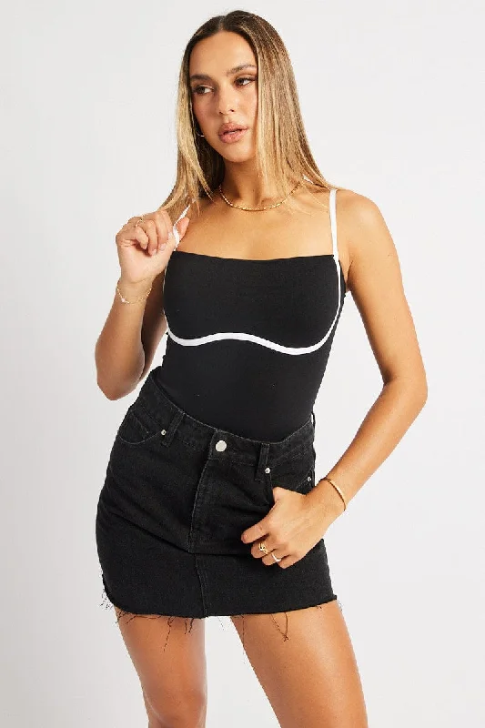 women's tops with spaghetti straps and deep V-necksBlack Bodysuit Sleeveless Contrast Detail Seamless