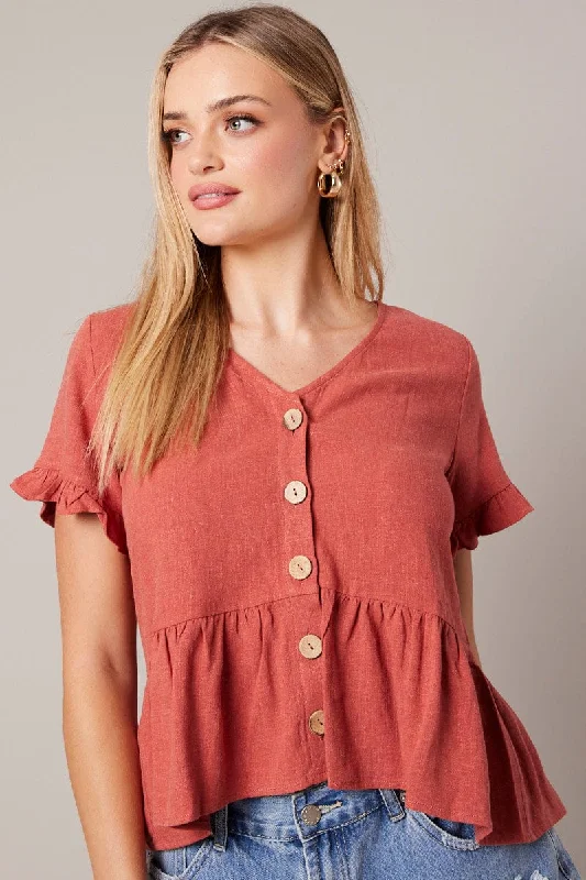 lace women's topsBrown Button Up Top V-Neck Frill Hem Top Linen