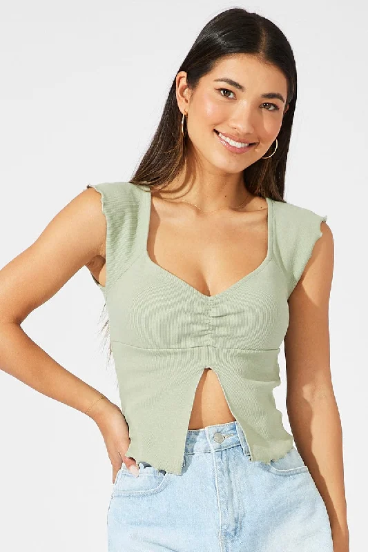 women's tops with cold-shoulder cutsGreen Top Split Front Short Sleeve