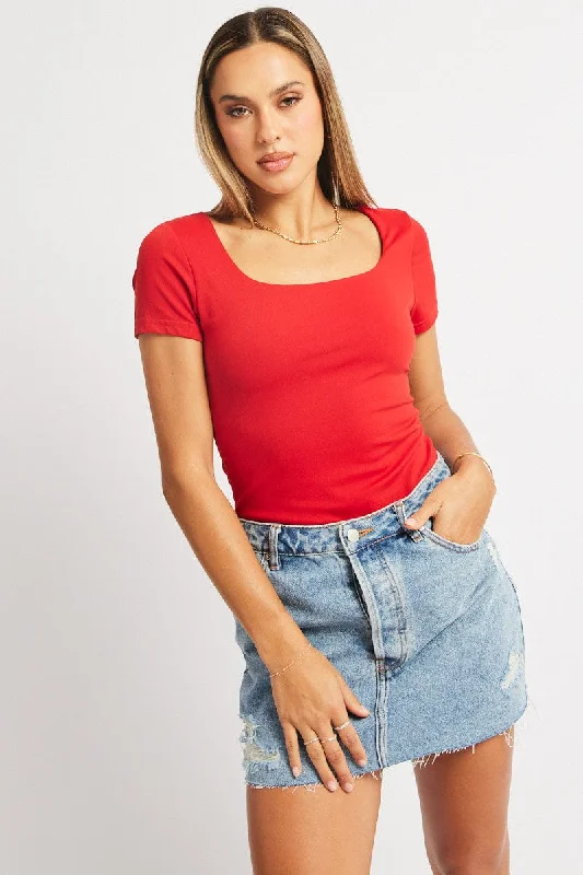 women's tops for minimalist aestheticsRed Supersoft Top Short Sleeve