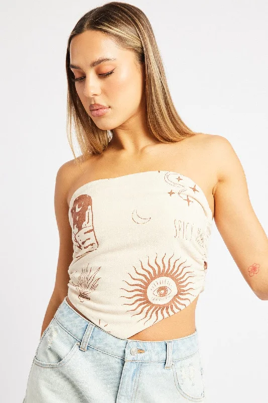 women's tops for those who want to create outfits that are both trendy and timelessBeige Abstract Scarf Top Boob Tube Shirred Back