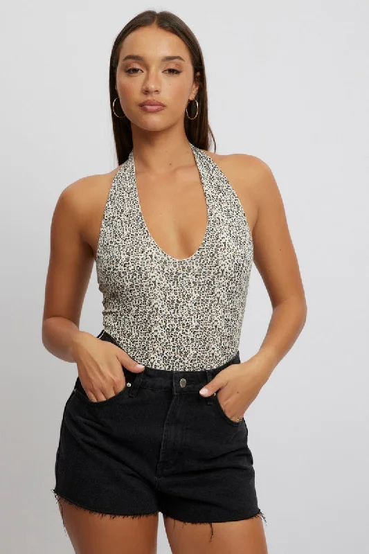 women's tops for those who want to create outfits that are both unique and memorableBrown Animal Print Halter Neck Bodysuit Sleeveless