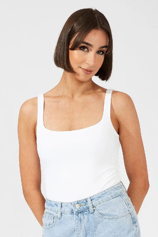 women's tops with built-in brasWhite Supersoft Bodysuit Sleeveless Square-Cut Neck