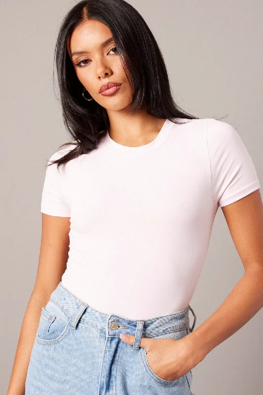 women's stylish topsPink Bodysuit Short Sleeve Crew Neck Supersoft