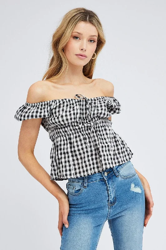 camisoles for womenCheck Peplum Top Short Sleeve Gathered Bust