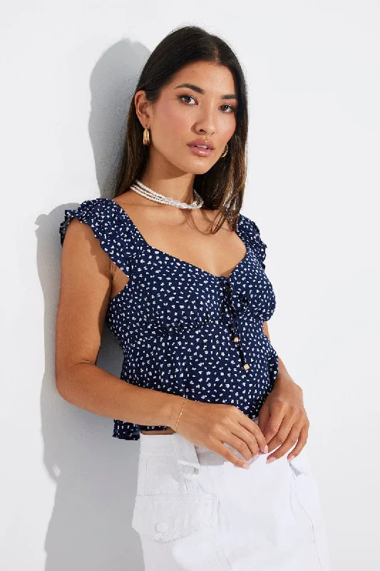 women's tops for those who want to add a touch of elegance and sophistication to their everyday wearBlue Ditsy Puff Sleeve Top Short Sleeve