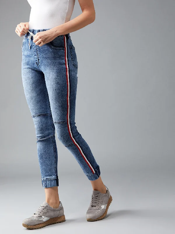 women's denim jeans for special occasionsWomen's Blue Relaxed Fit Mid Rise Regular Length Multicolour Twill Tape Detailing Denim Stretchable Jogger Pants