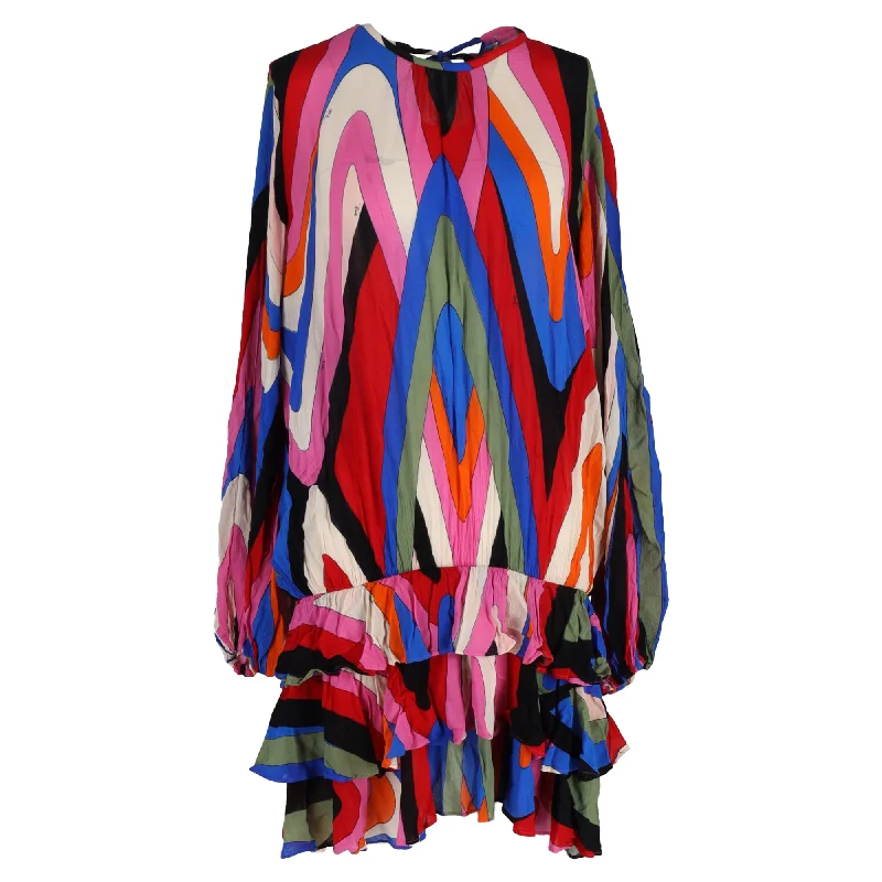 women's sustainable dressesEmilio Pucci Printed Mini Ruffled Hem Dress in Multicolor Viscose