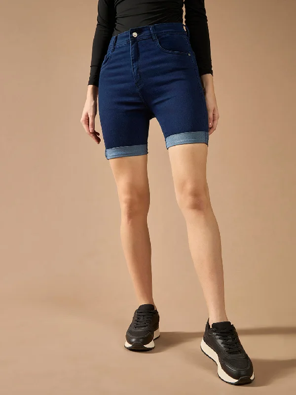 women's low-rise denim jeansWomen's Navy Blue Skinny High Rise Clean Look Regular Length Stretchable Denim Shorts