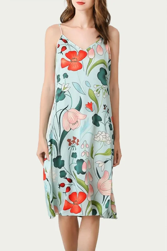 women's pear-shaped body dressesMulberry Floral-Print Silk Midi Slip Dress in Sky Blue