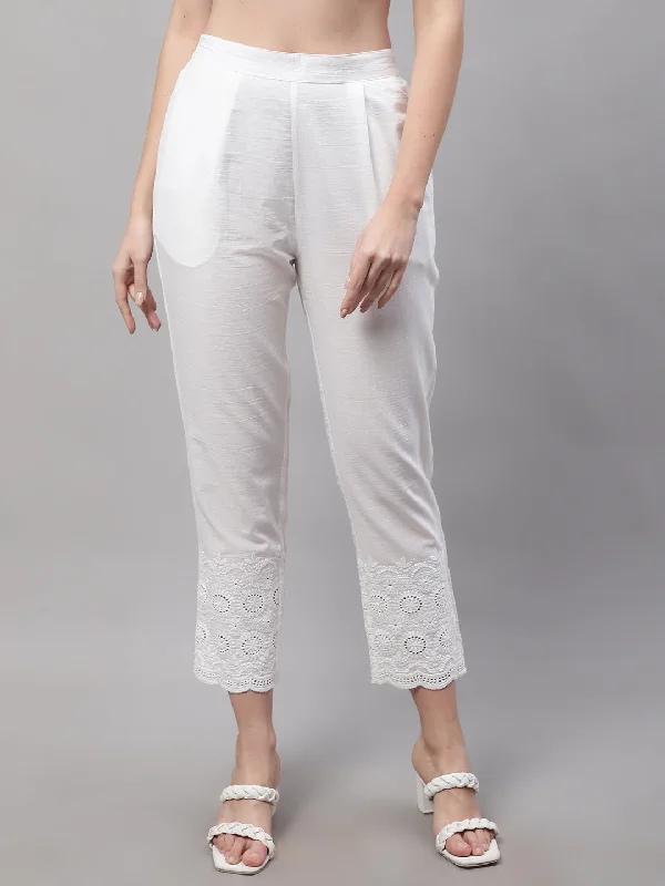 Women's Regular Slim Fit Offwhite Pleated Front Mid rise Ethnic Pant