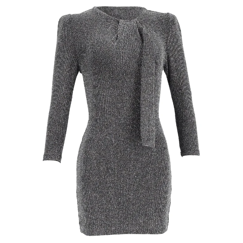 women's stretchy dressesIro Perk Knitted Mini Tie-Neck Long Sleeve Dress in Metallic Silver Nylon