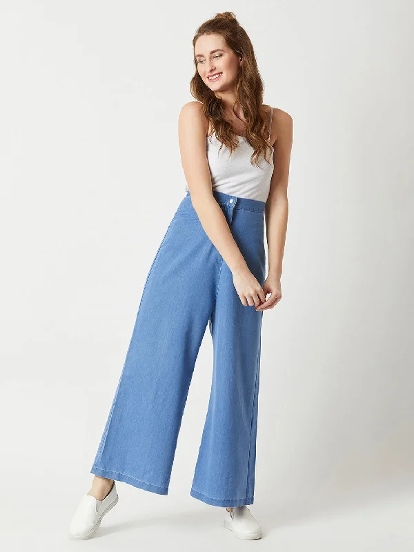 women's high-ankle denim jeansWomen's Blue Flared Wide-Leg High Rise Non Stretchable Light Weight Denim Culottes Pants