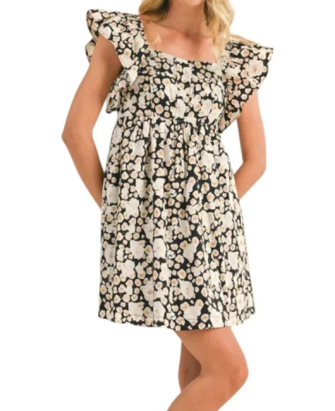 women's curve-hugging dressesFloral Flutter Sleeve Mini Dress In Black/white