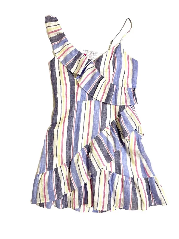 women's curve-hugging dressesLollie Stripe Linen Ruffle Mini Dress In Multicolor