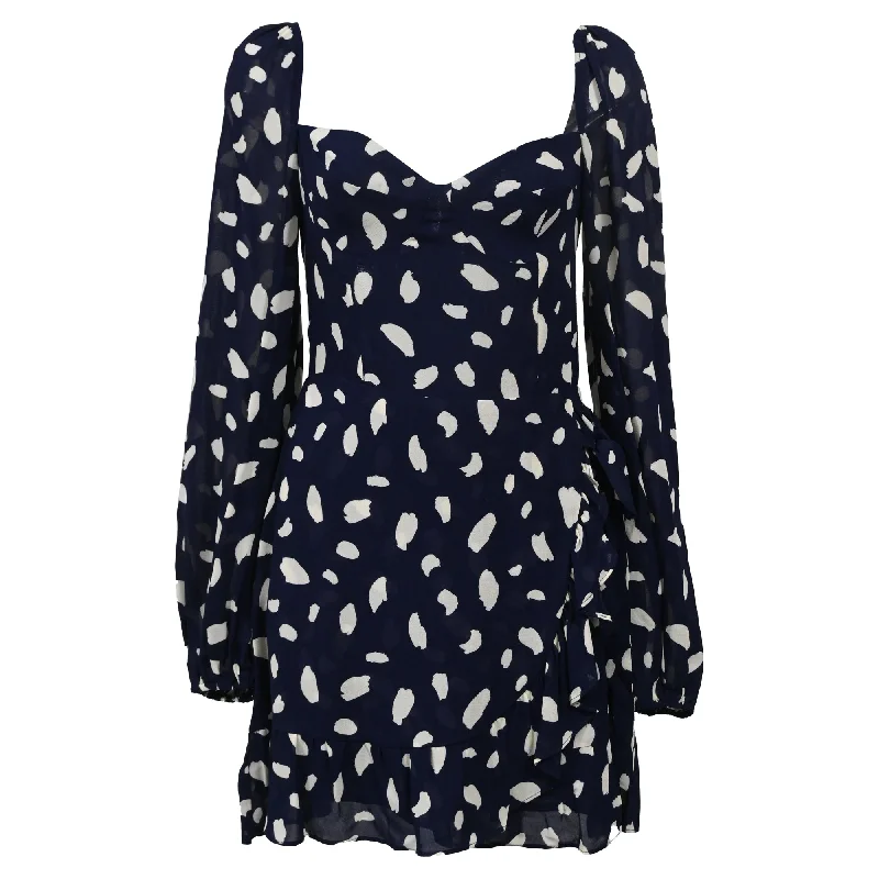 women's luxury dressesReformation Cammi Polka-Dot Crepe Mini Dress in Navy Blue Viscose