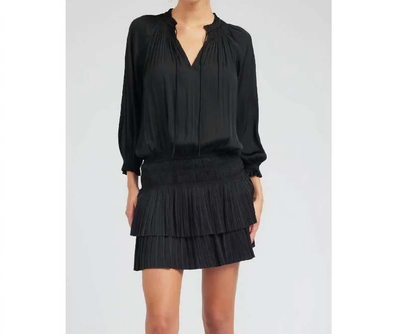 women's fair-trade dressesPleated 3-Quarter Sleeve Mini Dress In Black