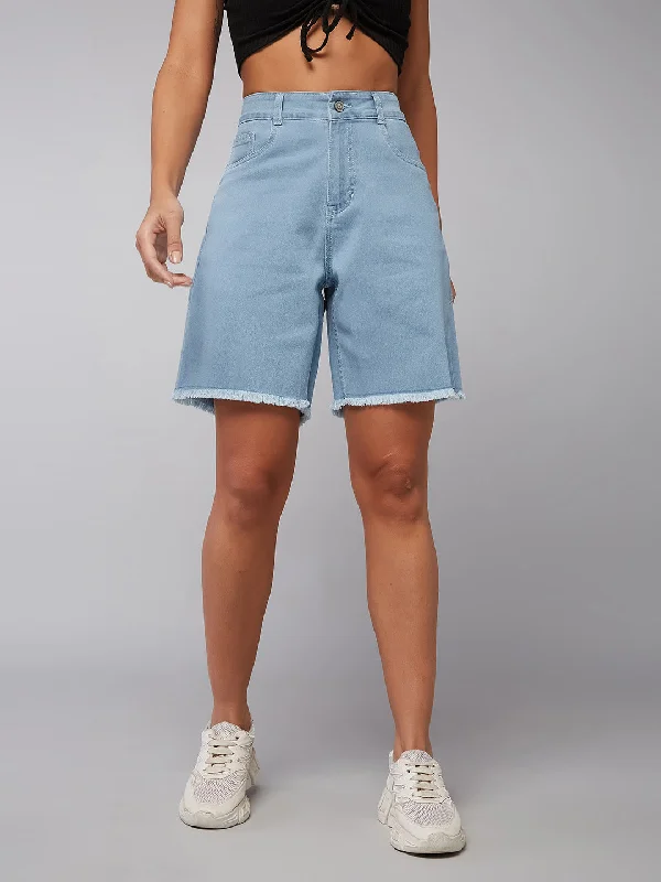 women's denim jeans with raw hemsWomen's Light Blue Regular High Rise Clean Look Above Knee Stretchable Denim Shorts