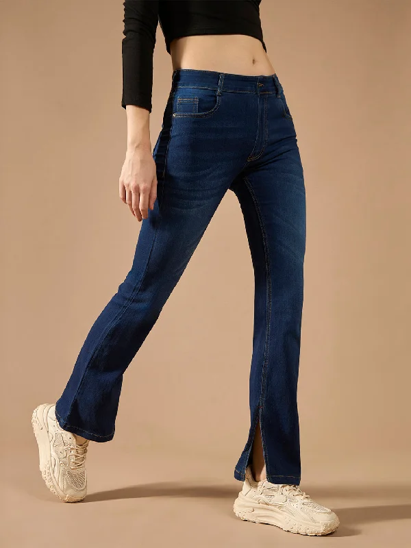 women's denim jeans with embroideryWomen's Blue Bootcut Mid Rise Denim Stretchable Jeans