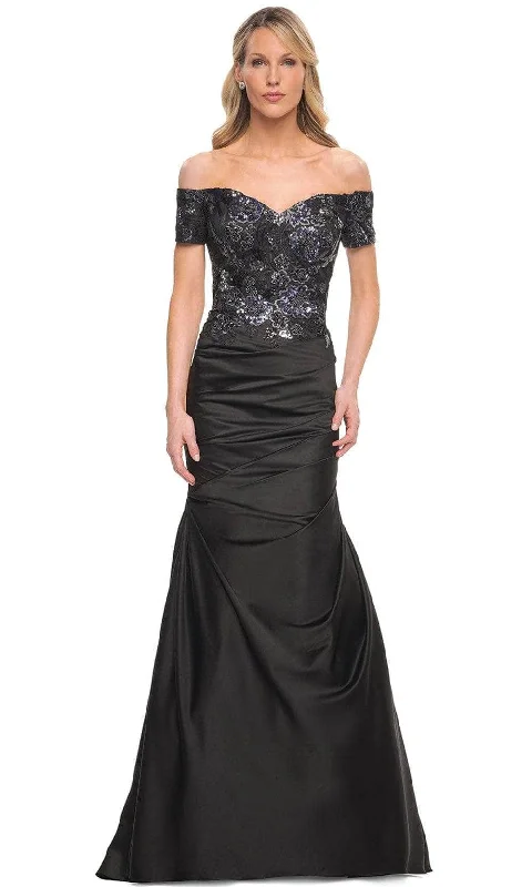 women's work dressesLa Femme 30404SC -OFf-Shouder Embroidered Evening Dress