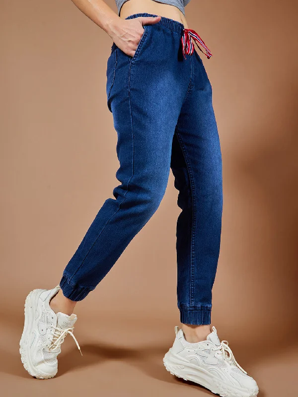 women's short denim jeansWomen's Navy Blue Solid Mid Rise Clean Look Regular Length Stretchable Denim Jogger Pants