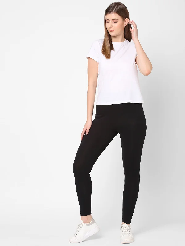 Women's Black Cotton Elastane Slim Fit Knit Tights