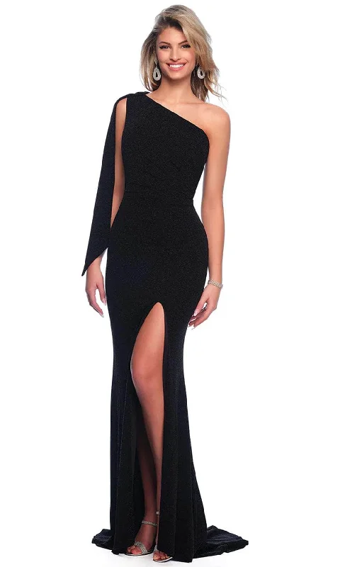 women's flutter-sleeved dressesDave & Johnny 11851 - Asymmetric Neck Sash Detail Evening Dress