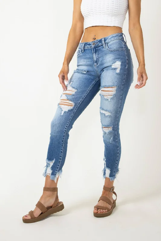 women's denim jeans with rhinestonesCello Distressed Fray Ankle Cropped Skinny Jeans for Women | WV74422ML2