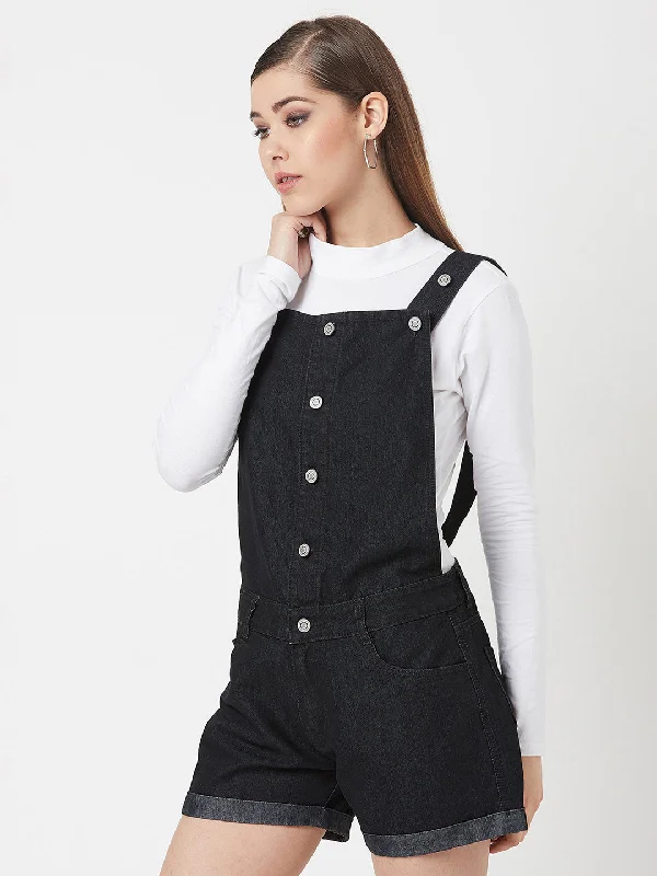 women's slim-fit denim jeansWomen's Black Non-Stretchable Solid Mid Rise Denim Dungarees