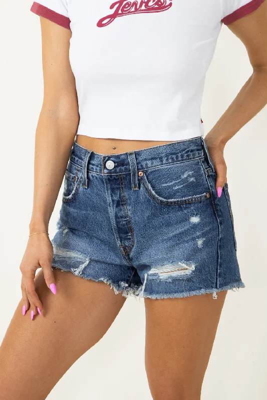 women's denim jeans with embroidered back pocketsLevi’s 501 High Rise Dark Wash Denim Shorts for Women | 56327-0320