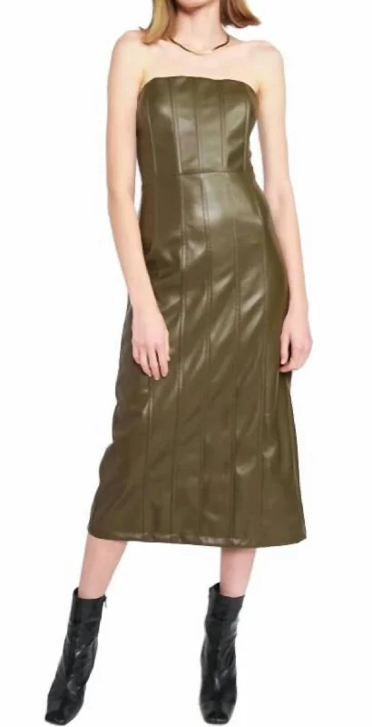 women's ball gown dressesVegan Leather Midi Dress in Olive