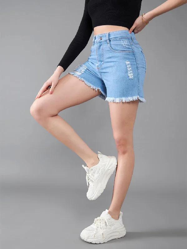 women's stretch denim jeansWomen's Blue Relaxed Fit Mid Rise Highly Distressed Regular Length Denim Shorts