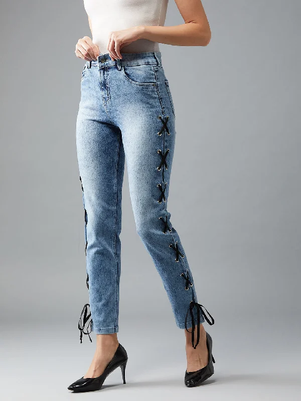 women's acid-washed denim jeansWomen's Light Blue Slim Fit High Rise Clean Look Twill tape and Eyelet detailing Regular length Stretchable Denim Jeans