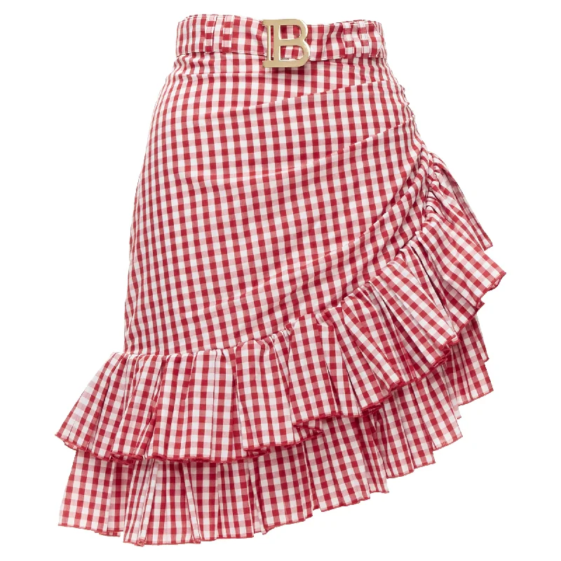 women's evening skirtsBalmain B logo buckle gingham ruffled cottage skirt