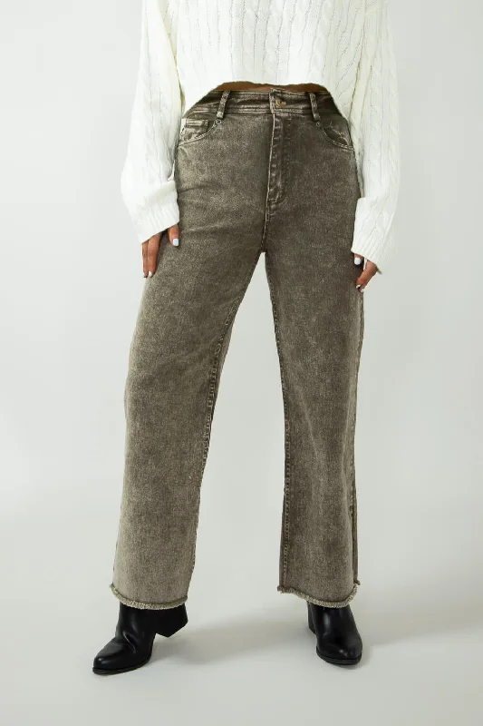 women's denim jeans for a trendy vibeWashed Frayed Wide Leg Jeans for Women in Olive | NP70291-OLIVE